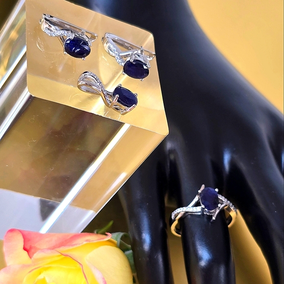 Natural Sapphire set "Afina" 925 Sterling Silver Earrings Pendant Ring 6.75/7.75 - Picture 5 of 10